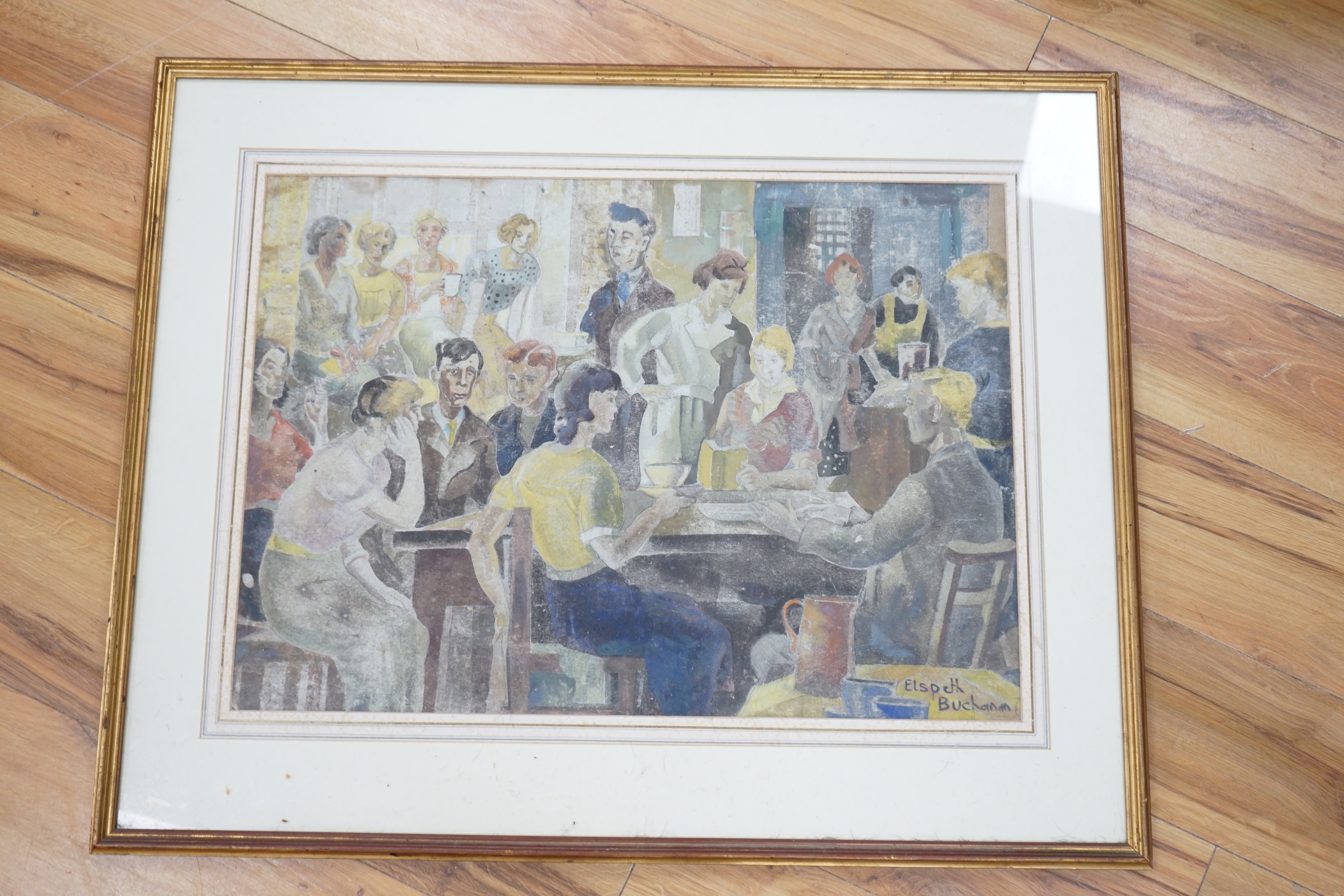 Elspeth Buchanan (Scottish, 1915-2011) mixed media, Figures in café, signed, 47 x 66cm